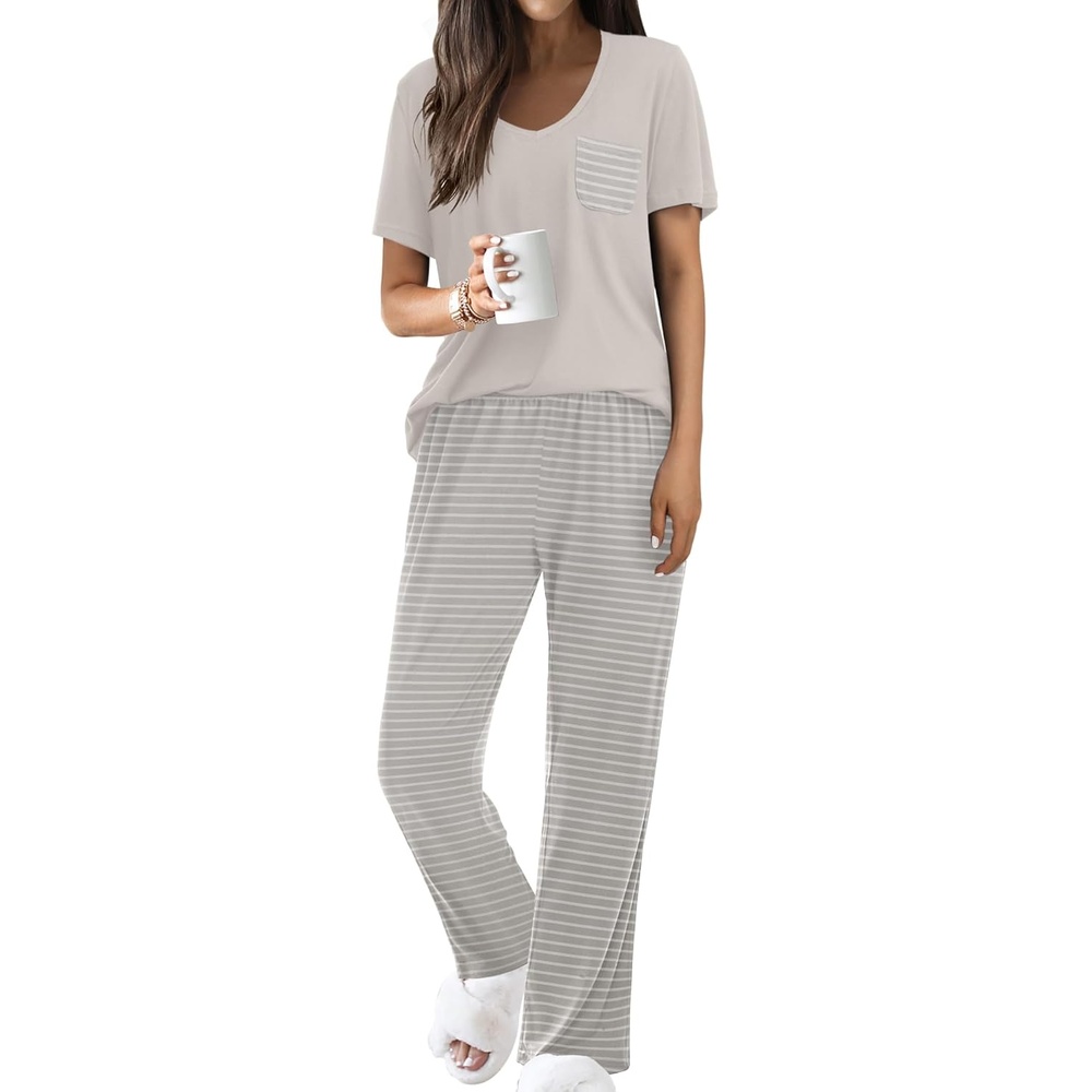 image:imageEkouaer Pajama Sets for Women 2 Piece Short Sleeve Pj V Neck Chest PocketGrey Striped