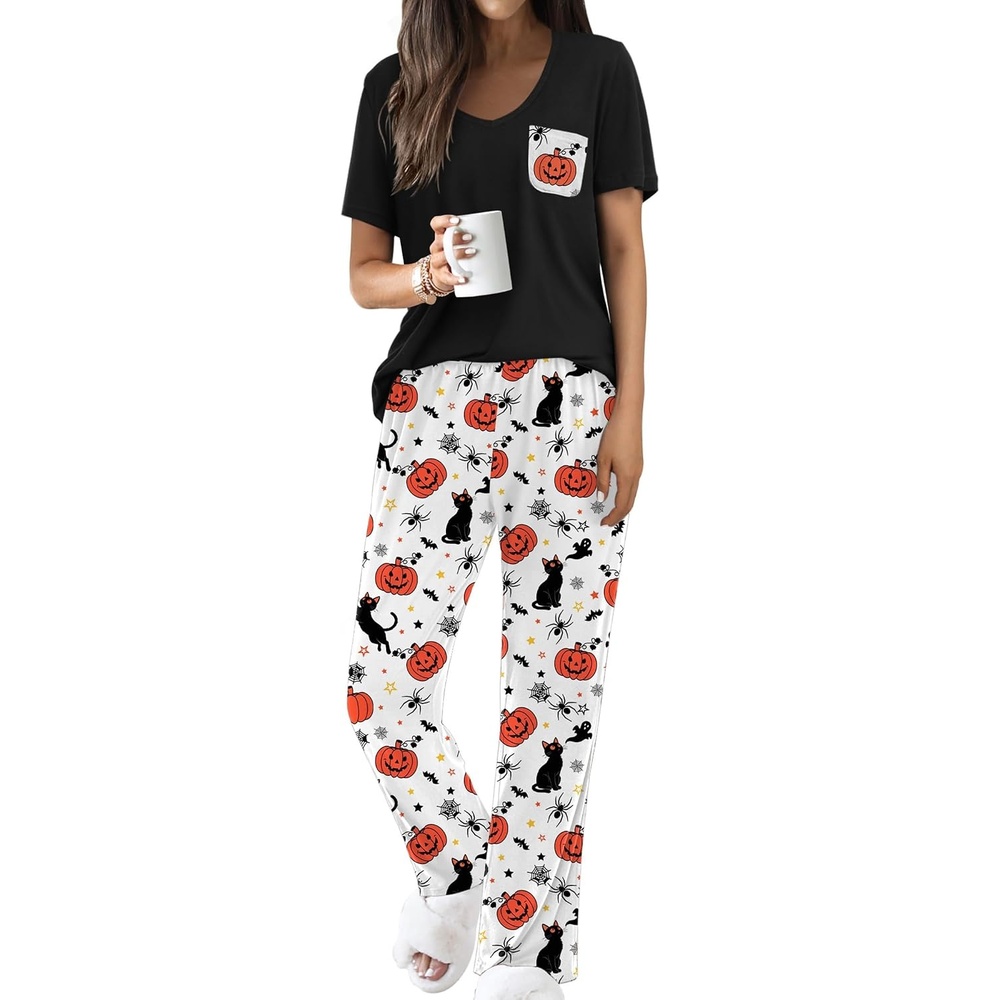 image:imageEkouaer Pajama Sets for Women 2 Piece Short Sleeve Pj V Neck Chest PocketHalloween Kitty