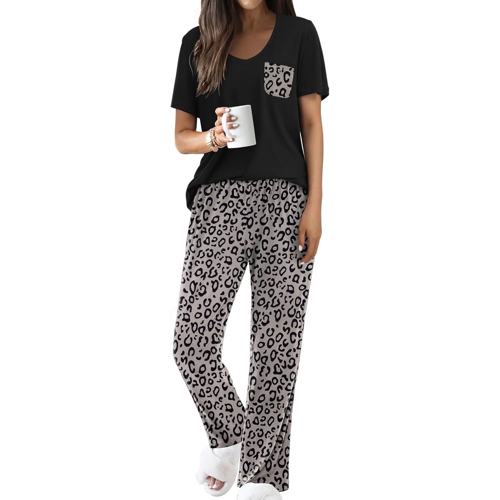 image:imageEkouaer Pajama Sets for Women 2 Piece Short Sleeve Pj V Neck Chest PocketLeopard Grey