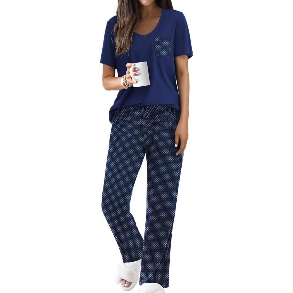 image:imageEkouaer Pajama Sets for Women 2 Piece Short Sleeve Pj V Neck Chest PocketNavy Dots