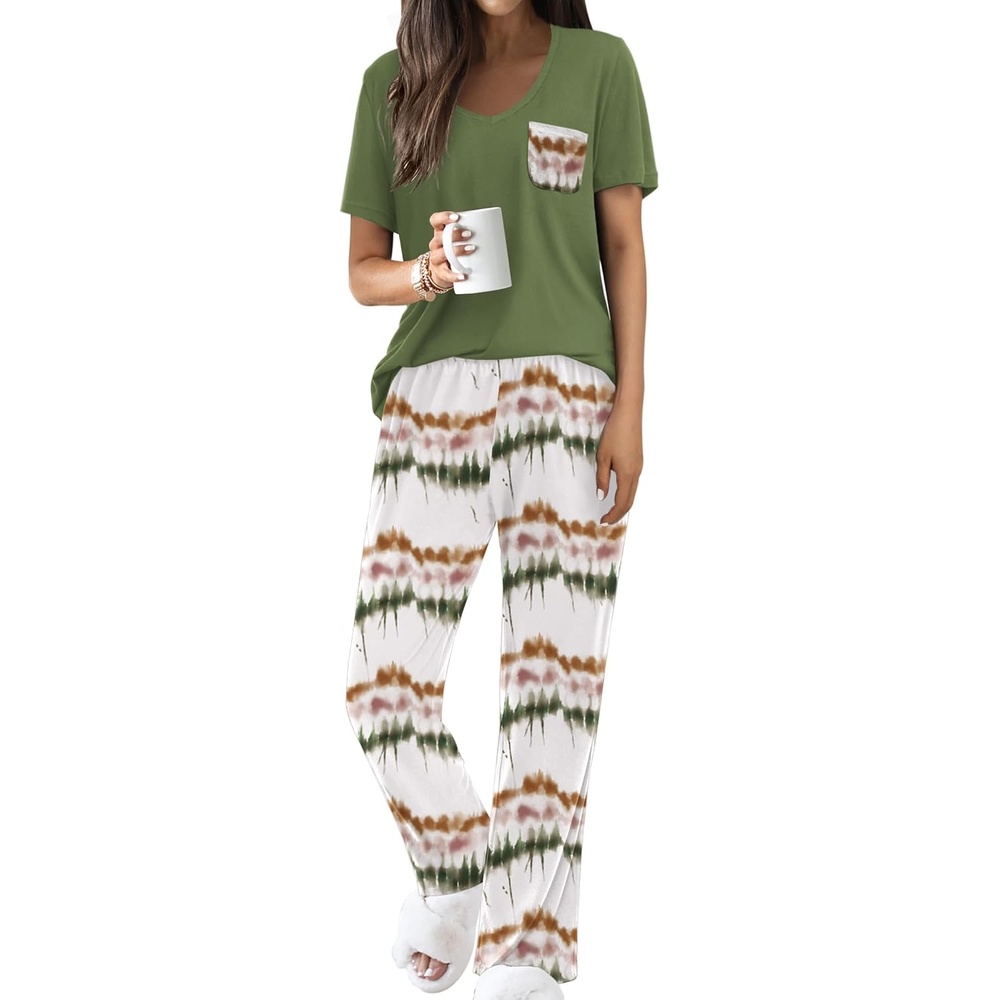 image:imageEkouaer Pajama Sets for Women 2 Piece Short Sleeve Pj V Neck Chest PocketOmbre Green