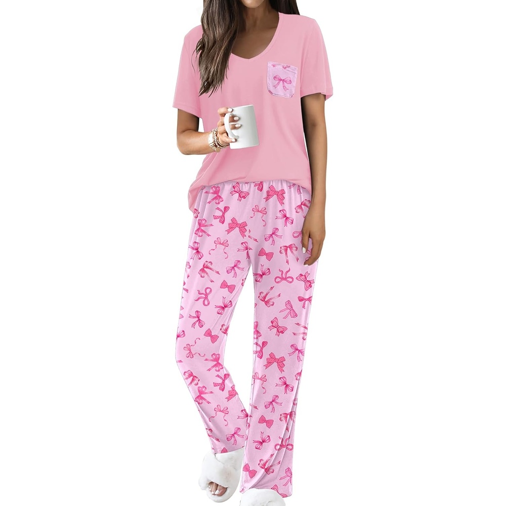 image:imageEkouaer Pajama Sets for Women 2 Piece Short Sleeve Pj V Neck Chest PocketPink Bow Tie