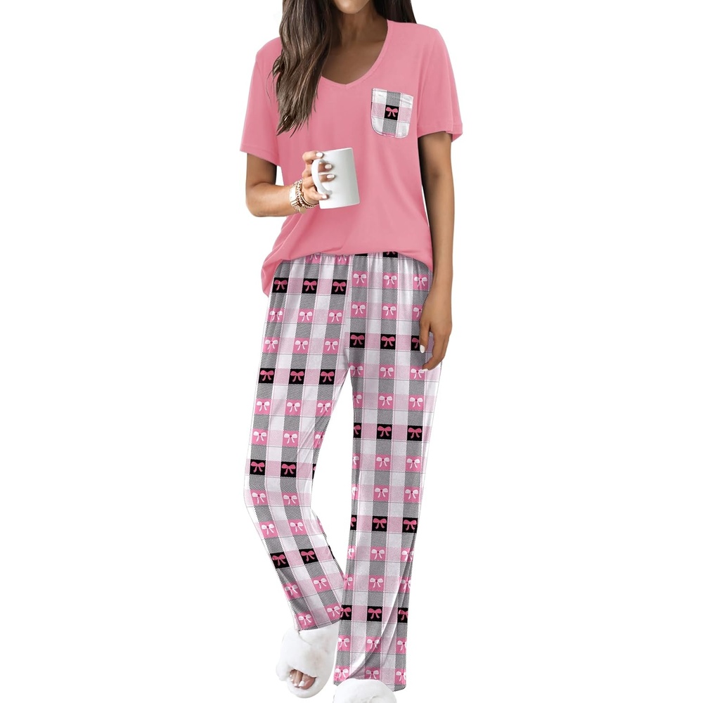 image:imageEkouaer Pajama Sets for Women 2 Piece Short Sleeve Pj V Neck Chest PocketPink Plaid Bow Tie