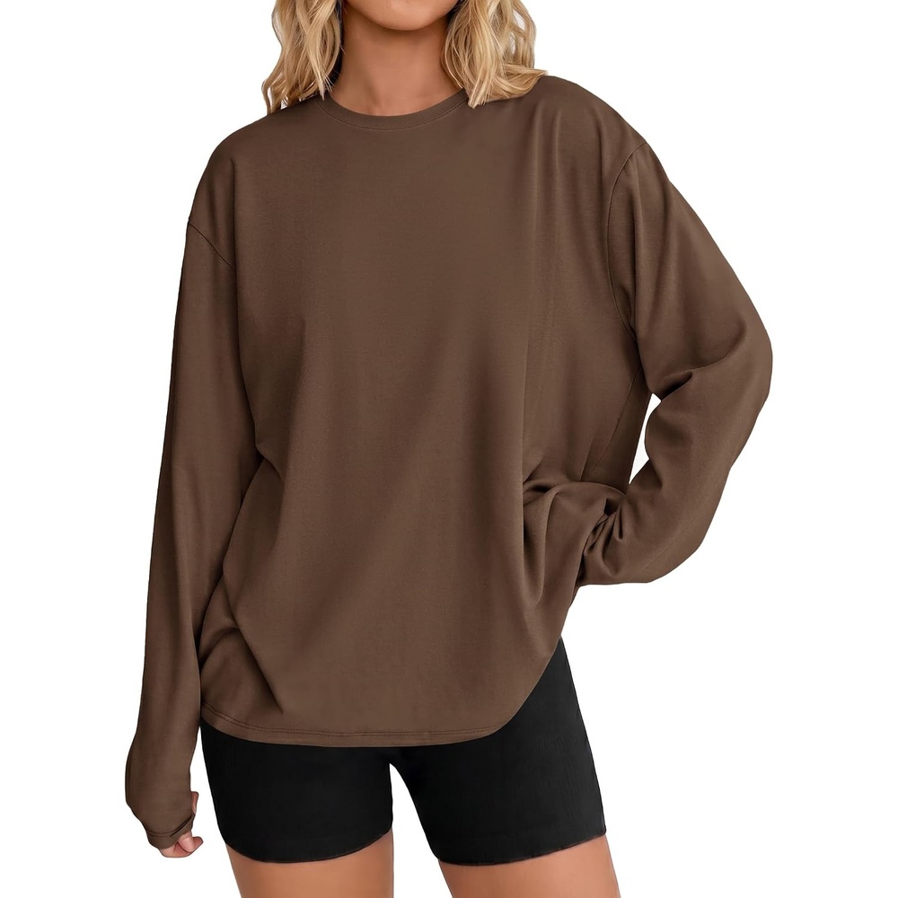 image:imageEkouaer Womens Oversized Long Sleeve Cotton Shirts Crew Neck Fall TopsBrown