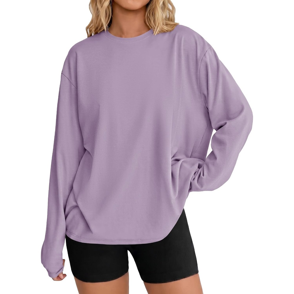 image:imageEkouaer Womens Oversized Long Sleeve Cotton Shirts Crew Neck Fall TopsLight Purple