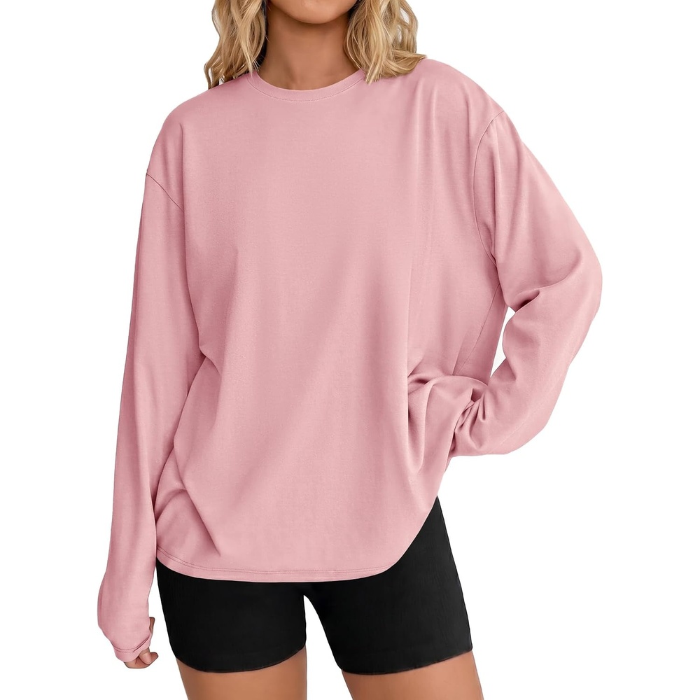 image:imageEkouaer Womens Oversized Long Sleeve Cotton Shirts Crew Neck Fall TopsPink