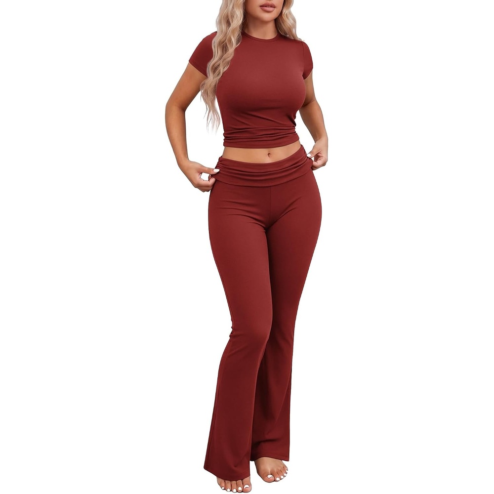image:imageEkouaer Womens Pajama Set Short Sleeve Crop Top Foldover Flare PantsWine Red