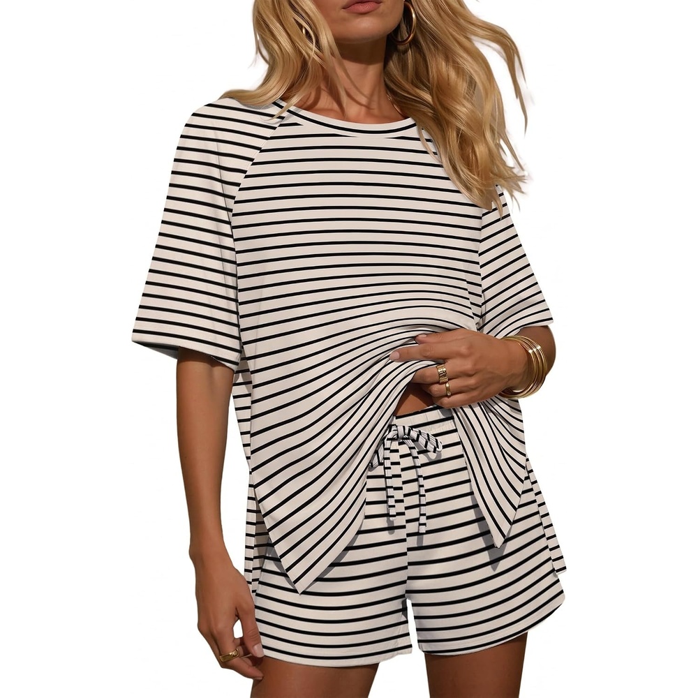 image:imageEkouaer Womens Two Piece Sets Summer Lounge Set Matching OutfitsBeige Black Striped