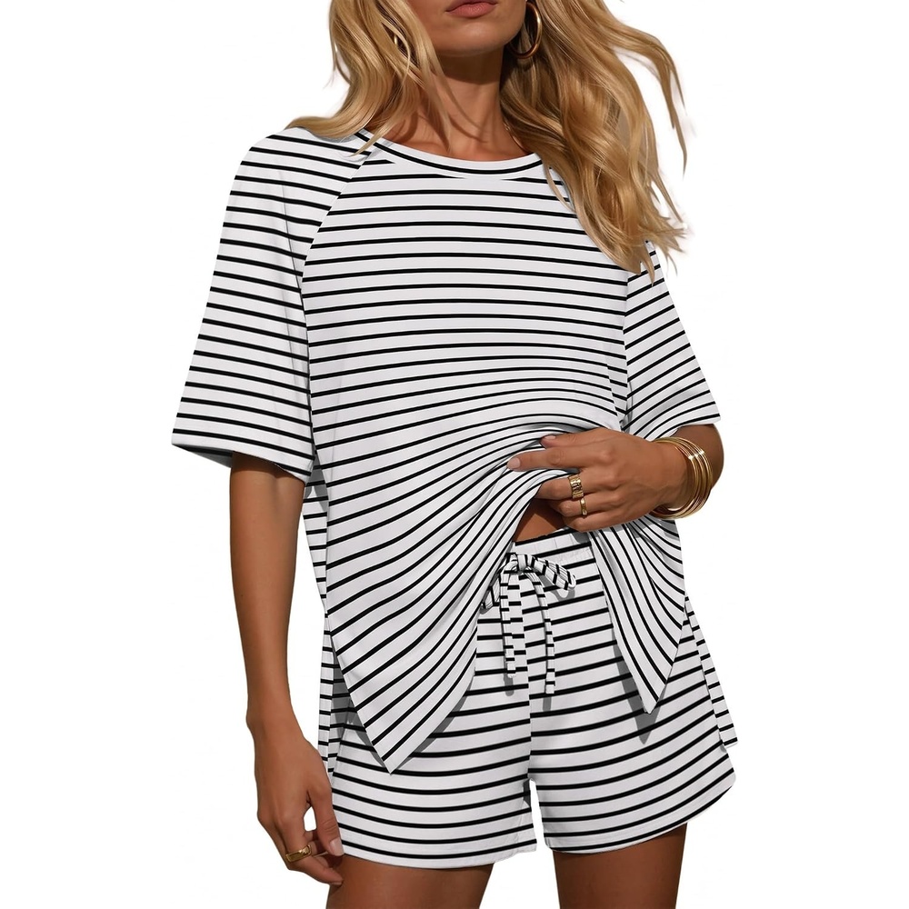 image:imageEkouaer Womens Two Piece Sets Summer Lounge Set Matching OutfitsBlack White Striped