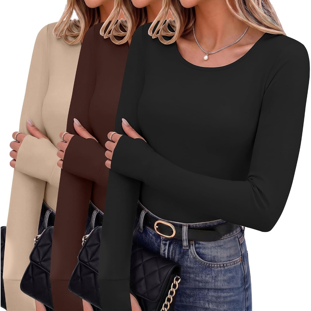 image:imageLong Sleeve Shirts for Women Thumb Hole Fitted Tops Thermal Layering TeesBlackKhakiBrown