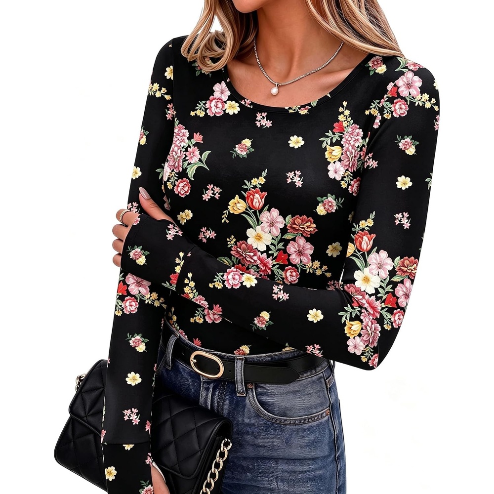 image:imageLong Sleeve Shirts for Women Thumb Hole Fitted Tops Thermal Layering TeesFloral Black