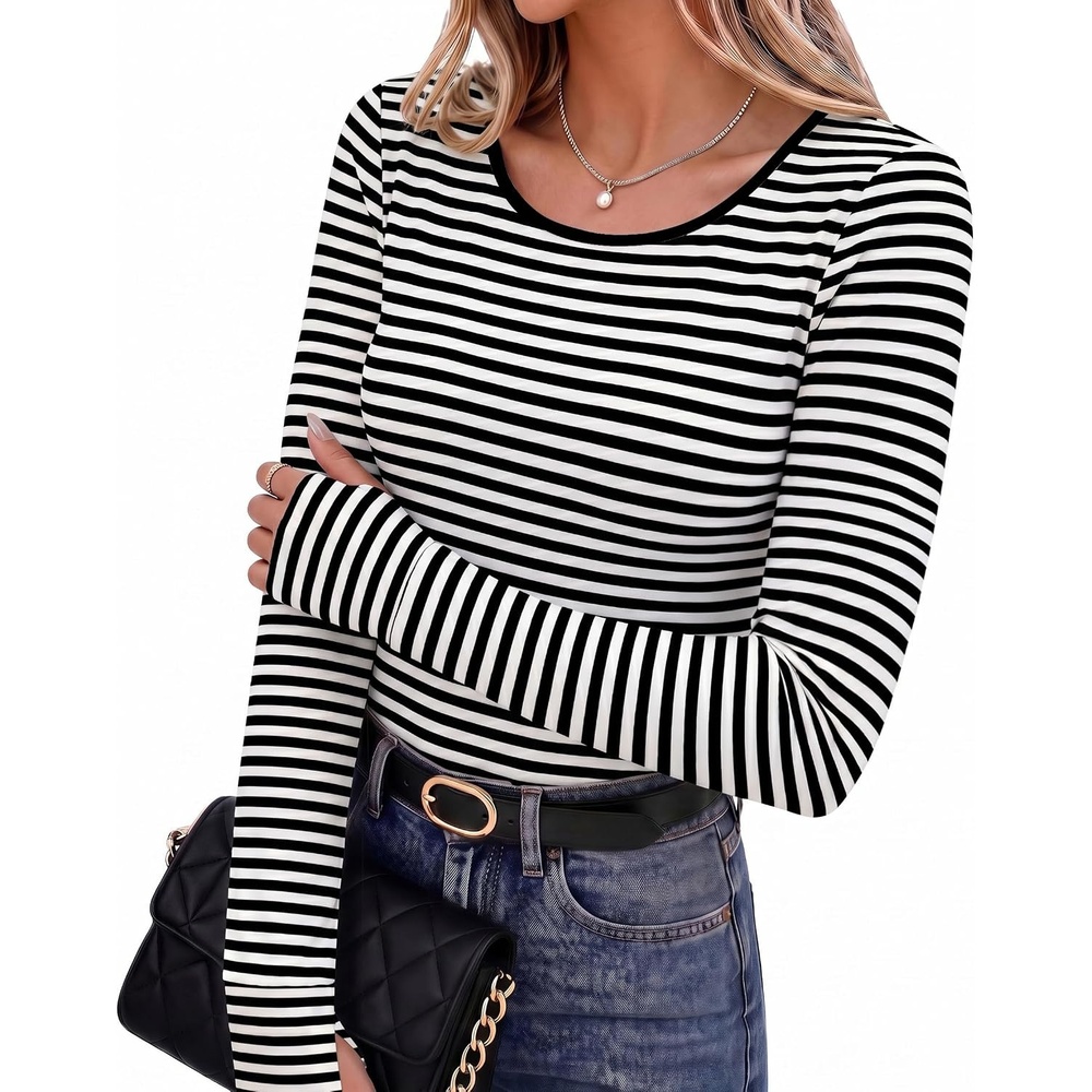 image:imageLong Sleeve Shirts for Women Thumb Hole Fitted Tops Thermal Layering TeesStripe White  Black