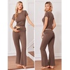 Ekouaer Womens Pajama Set Short Sleeve Crop Top Foldover Flare Pants(Brown)