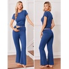 Ekouaer Womens Pajama Set Short Sleeve Crop Top Foldover Flare Pants(Navy Blue)