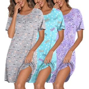 Ekouaer 3 Pack Nightgowns for Women Short Sleeve Sleepshirt Night Shirts(Blue Print/Coffee Cup/Purple Stars)