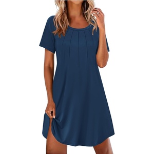 Ekouaer Nightgowns for Women Pleated Nightshirts Short Sleeve Sleepshirts(Dark Blue)