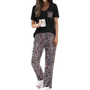 Ekouaer Pajama Sets for Women 2 Piece Short Sleeve Pj V Neck Chest Pocket(Black Cheetah)