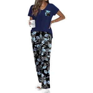 Ekouaer Pajama Sets for Women 2 Piece Short Sleeve Pj V Neck Chest Pocket(Black Navy Floral)
