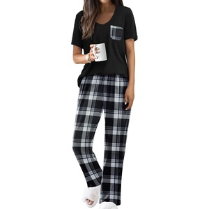 Ekouaer Pajama Sets for Women 2 Piece Short Sleeve Pj V Neck Chest Pocket(Black Plaid)