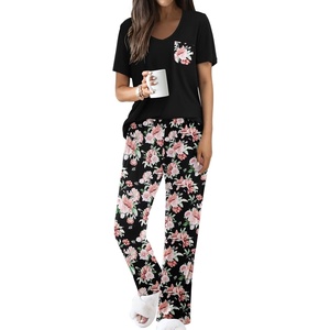 Ekouaer Pajama Sets for Women 2 Piece Short Sleeve Pj V Neck Chest Pocket(Black-pink Flower)