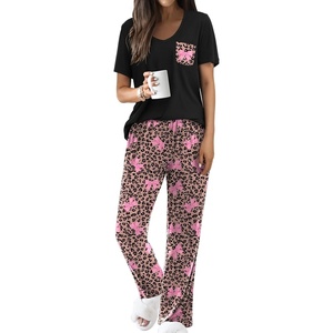 Ekouaer Pajama Sets for Women 2 Piece Short Sleeve Pj V Neck Chest Pocket(Cheetah Bow Tie)