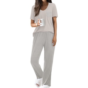 Ekouaer Pajama Sets for Women 2 Piece Short Sleeve Pj V Neck Chest Pocket(Grey Striped)
