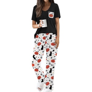 Ekouaer Pajama Sets for Women 2 Piece Short Sleeve Pj V Neck Chest Pocket(Halloween Kitty)