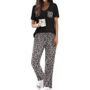 Ekouaer Pajama Sets for Women 2 Piece Short Sleeve Pj V Neck Chest Pocket(Leopard Grey)
