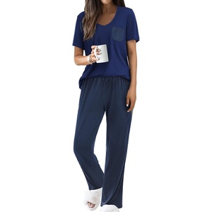 Ekouaer Pajama Sets for Women 2 Piece Short Sleeve Pj V Neck Chest Pocket(Navy Dots)