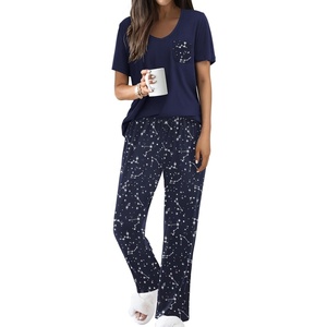 Ekouaer Pajama Sets for Women 2 Piece Short Sleeve Pj V Neck Chest Pocket(Navy Starry Sky)