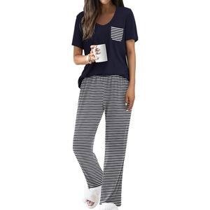 Ekouaer Pajama Sets for Women 2 Piece Short Sleeve Pj V Neck Chest Pocket(Navy Striped)