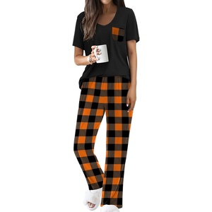 Ekouaer Pajama Sets for Women 2 Piece Short Sleeve Pj V Neck Chest Pocket(Orange Plaid)