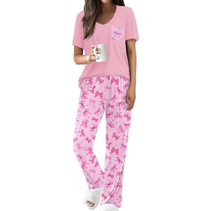 Ekouaer Pajama Sets for Women 2 Piece Short Sleeve Pj V Neck Chest Pocket(Pink Bow Tie)