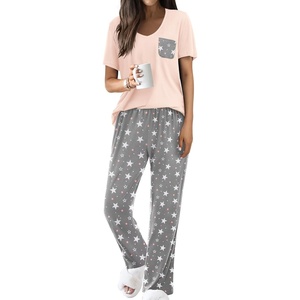 Ekouaer Pajama Sets for Women 2 Piece Short Sleeve Pj V Neck Chest Pocket(Pink-grey Star)