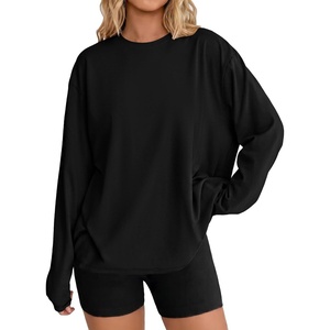 Ekouaer Womens Oversized Long Sleeve Cotton Shirts Crew Neck Fall Tops(Black)