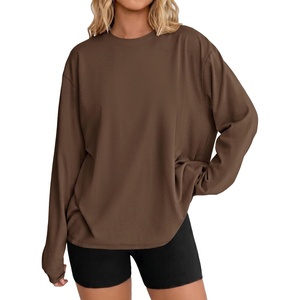 Ekouaer Womens Oversized Long Sleeve Cotton Shirts Crew Neck Fall Tops(Brown)