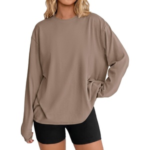 Ekouaer Womens Oversized Long Sleeve Cotton Shirts Crew Neck Fall Tops(Khaki)