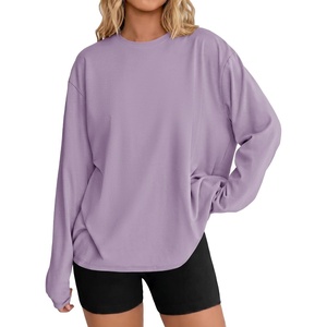Ekouaer Womens Oversized Long Sleeve Cotton Shirts Crew Neck Fall Tops(Light Purple)