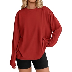 Ekouaer Womens Oversized Long Sleeve Cotton Shirts Crew Neck Fall Tops(Red)