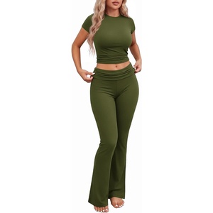 Ekouaer Womens Pajama Set Short Sleeve Crop Top Foldover Flare Pants(Army Green)