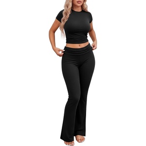 Ekouaer Womens Pajama Set Short Sleeve Crop Top Foldover Flare Pants(Black)