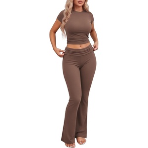 Ekouaer Womens Pajama Set Short Sleeve Crop Top Foldover Flare Pants(Brown)