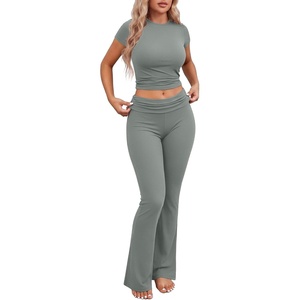 Ekouaer Womens Pajama Set Short Sleeve Crop Top Foldover Flare Pants(Gray Green)