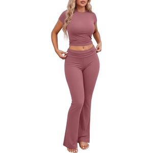 Ekouaer Womens Pajama Set Short Sleeve Crop Top Foldover Flare Pants(Gray Purple)
