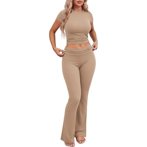 Ekouaer Womens Pajama Set Short Sleeve Crop Top Foldover Flare Pants(Khaki)