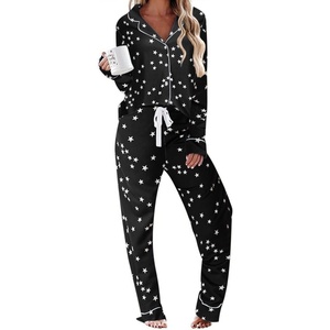 Ekouaer Women’s Pajamas Long Sleeve Loungewear Casual Button Down Pjs(Black With Stars)