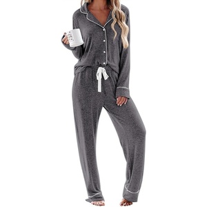 Ekouaer Women’s Pajamas Long Sleeve Loungewear Casual Button Down Pjs(Flower Grey)