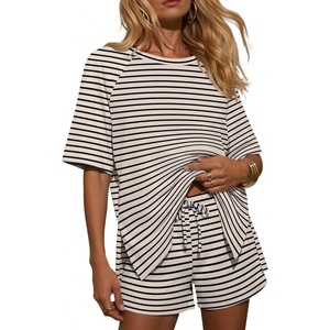 Ekouaer Womens Two Piece Sets Summer Lounge Set Matching Outfits(Beige Black Striped)