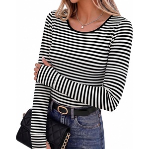 Long Sleeve Shirts for Women Thumb Hole Fitted Tops Thermal Layering Tees(Stripe White & Black)