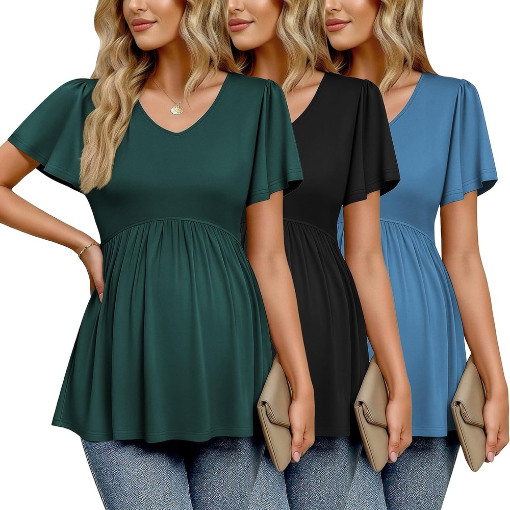 image:imageEkouaer Maternity Shirts 3 Packs Summer Pregnancy Clothes Tops for WorkBlackLake BlueLake Green